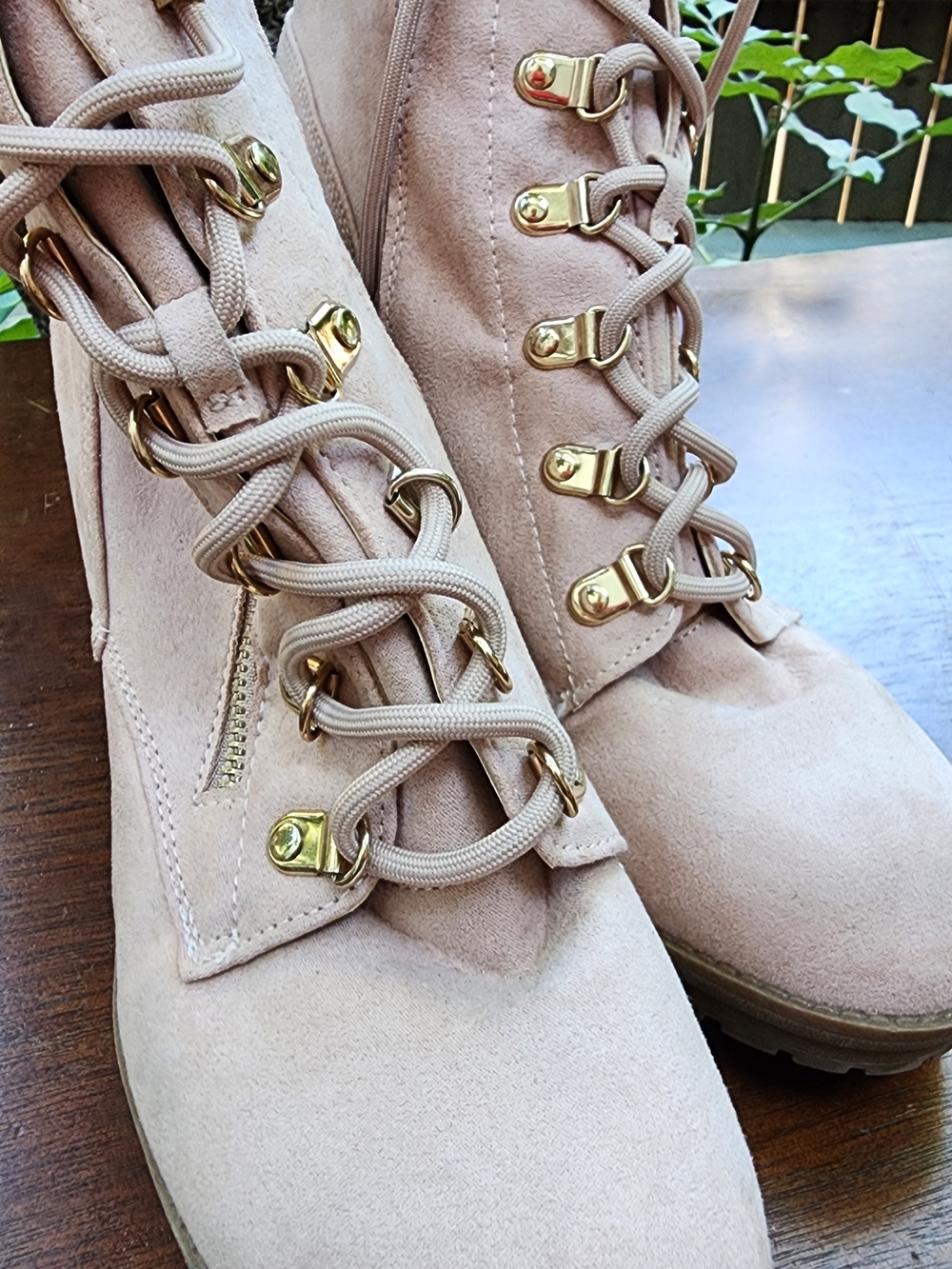 Andiamo Blush Pink Suede Lace Up Heeled Combat Boots Gold Hardware [11M]